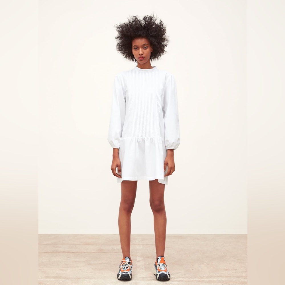 NWT - Zara White Poplin Long Sleeve Pleated Mini Dress (L)